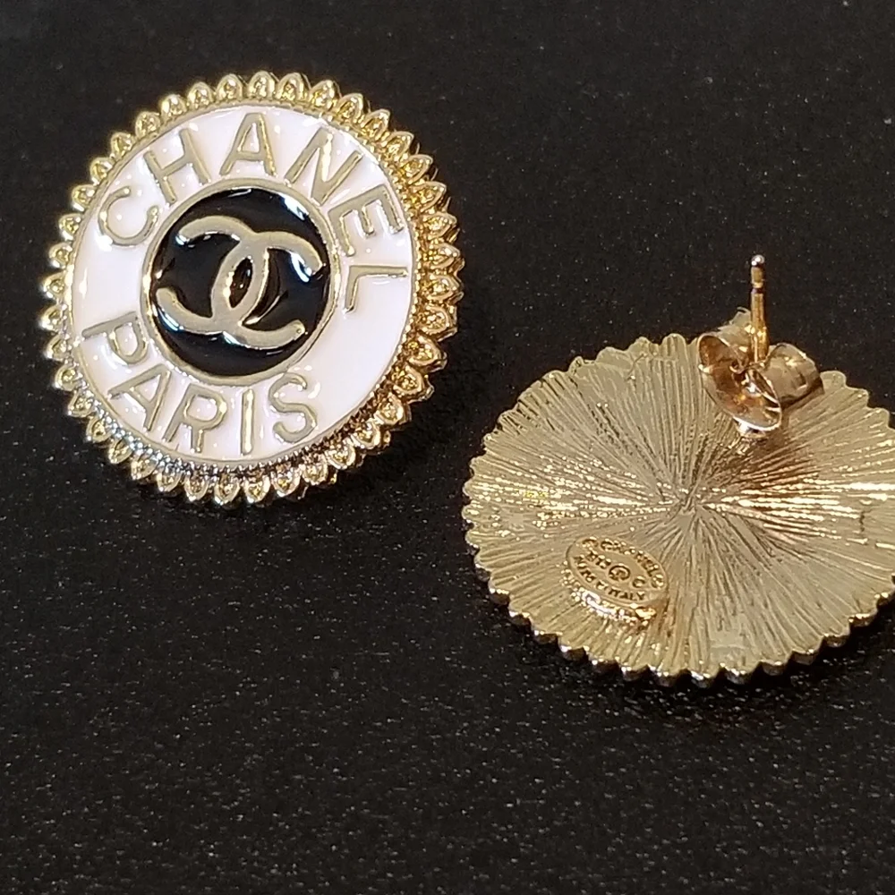 Chanel Gold Tone White Enamel Costume Double CC Earrings - Picture 3 of 9